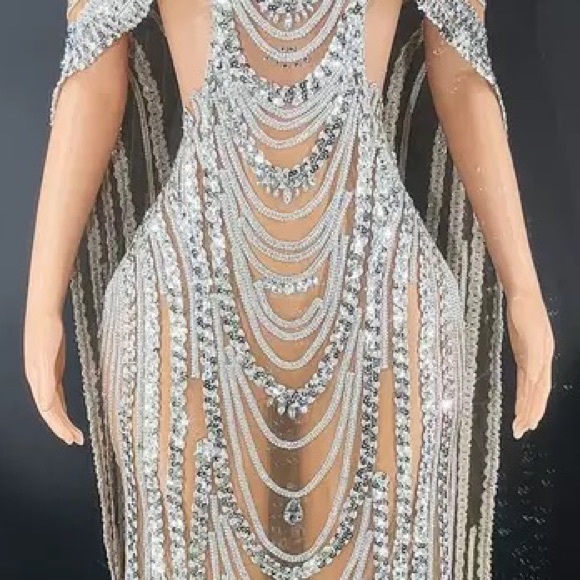 🌸 DIAMOND DRESS RHINESTONE LONG MAXI TALL SHEER SILVER WEDDING BRIDE QUEEN - Picture 6 of 7